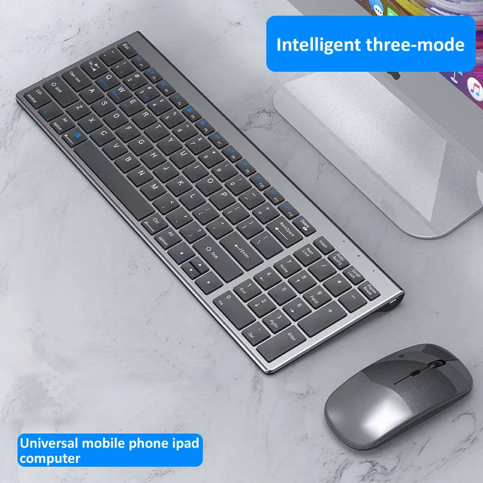 HKXA™ Bluetooth 5.0 & 2.4G Wireless Keyboard & Mouse Combo – 98 Keys, Tri-Mode, Rechargeable, Multi-Device, 200H Battery, Auto Sleep, Multi-Language, Black, Silver, Gray & Blue | FlipStylez LLC®