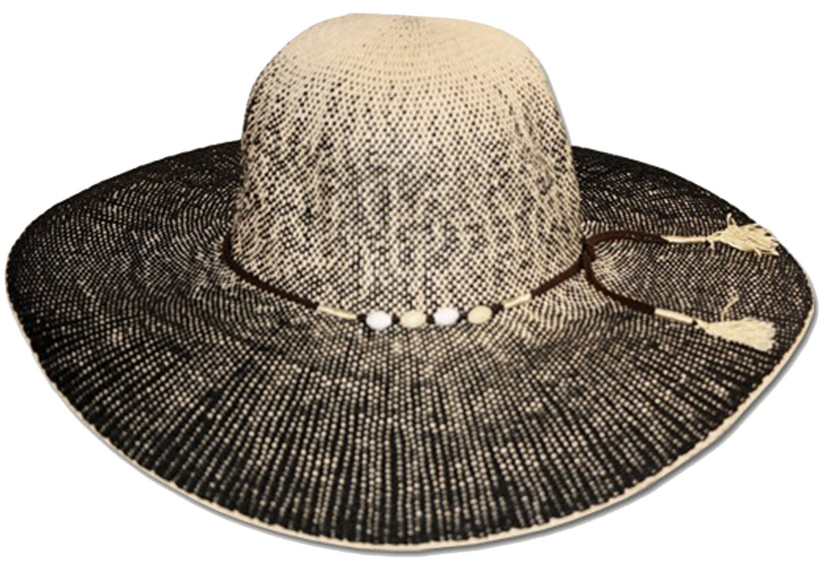 Womens UPF 50+ 100% 2-Tone Paper Straw Beaded Accent Wide Brim Floppy Hat