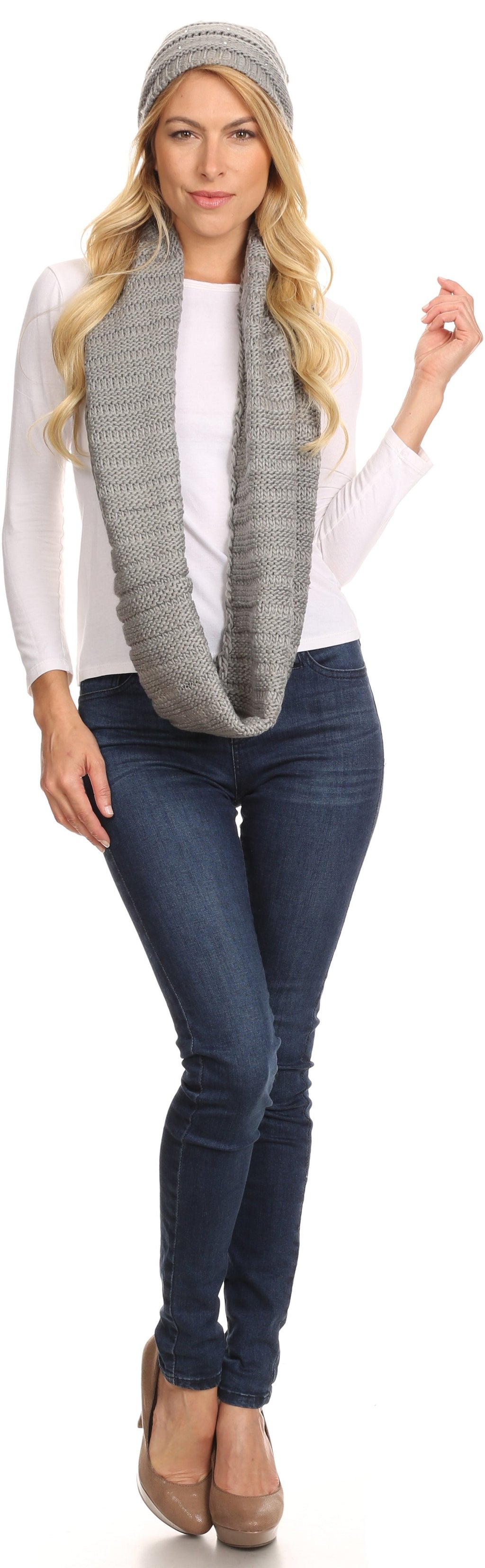 Sakkas Sayla Rhinestone Jewel Soft Warm Woven Cable Knit Beanie Hat And Scarf Set