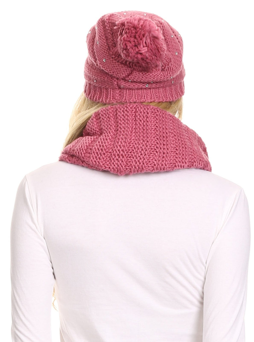 Sakkas Sayla Rhinestone Jewel Soft Warm Woven Cable Knit Beanie Hat And Scarf Set