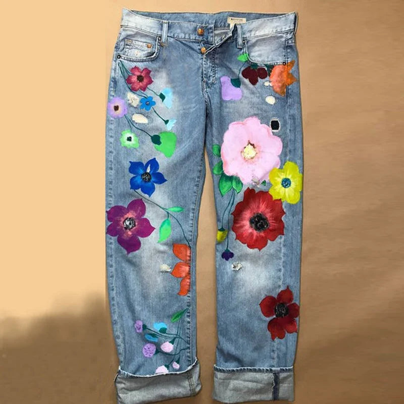 Cute Flower Printed Jeans Women Loose Jeans New Style Direct Jean Hot Fashion Ladies Printed Thin Denim Spring Summer Breathe