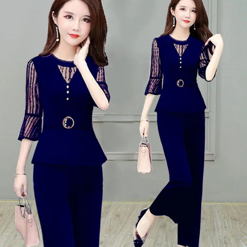 5XL Women Pants 2-Piece Set Female Summer Set Lady Slim Tops+ Wide Leg