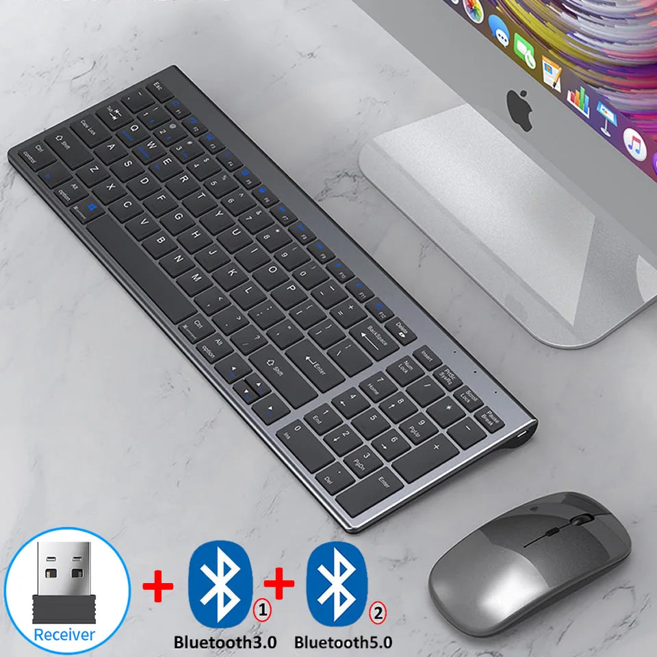 HKXA™ Bluetooth 5.0 & 2.4G Wireless Keyboard & Mouse Combo – 98 Keys, Tri-Mode, Rechargeable, Multi-Device, 200H Battery, Auto Sleep, Multi-Language, Black, Silver, Gray & Blue | FlipStylez LLC®