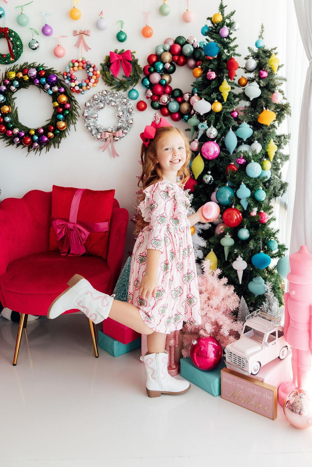Merry Mistletoe 3/4 Sleeve Ruffle Twirl Dress
