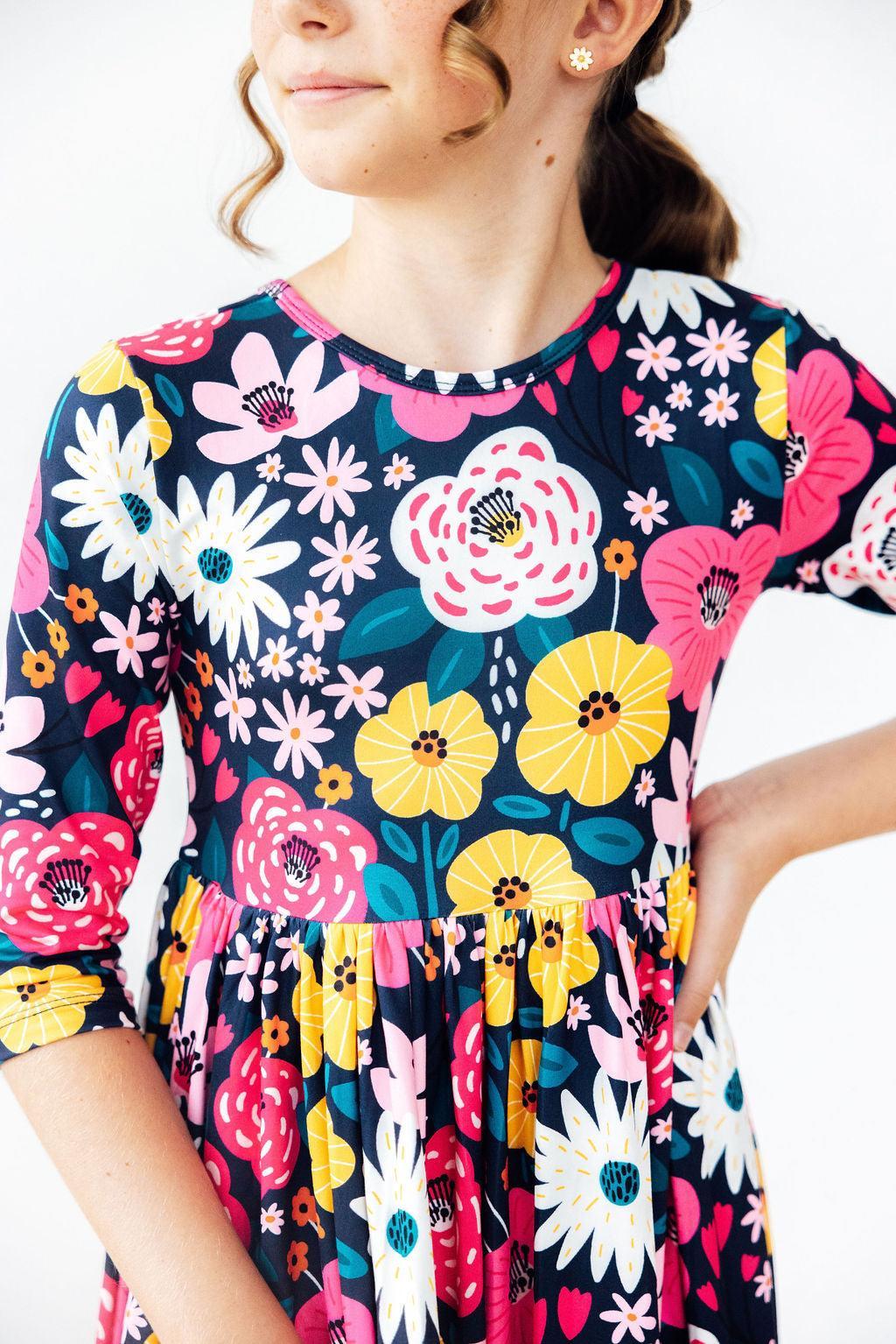 Midnight Floral 3/4 Sleeve Pocket Twirl Dress