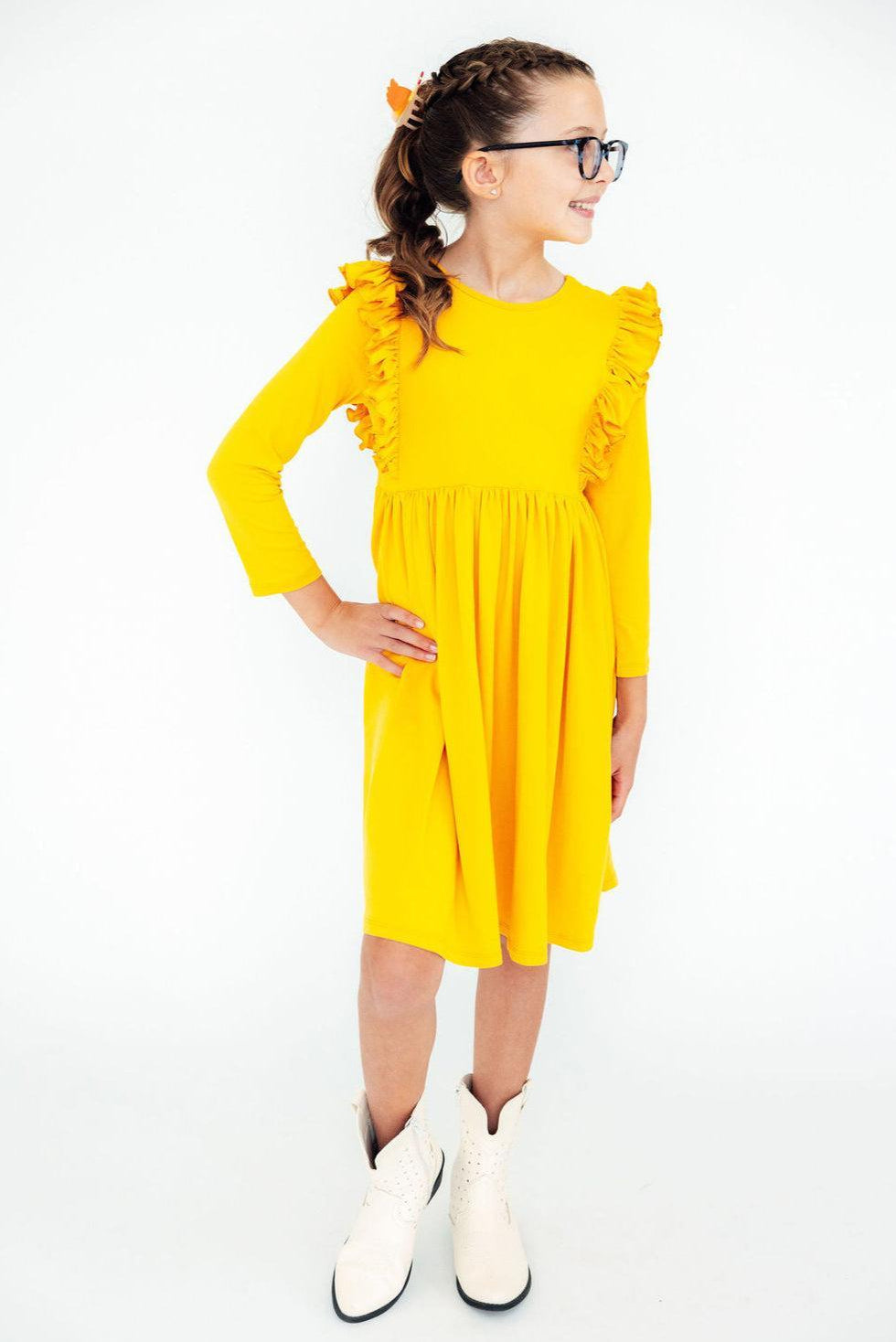 Mustard L/S Ruffle Twirl Dress