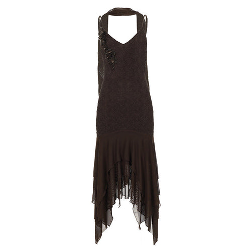 Artistic Applique Irregular Asymmetric Lace Scarf V neck Dress Backless Sexy Waste Soil Cami Dress