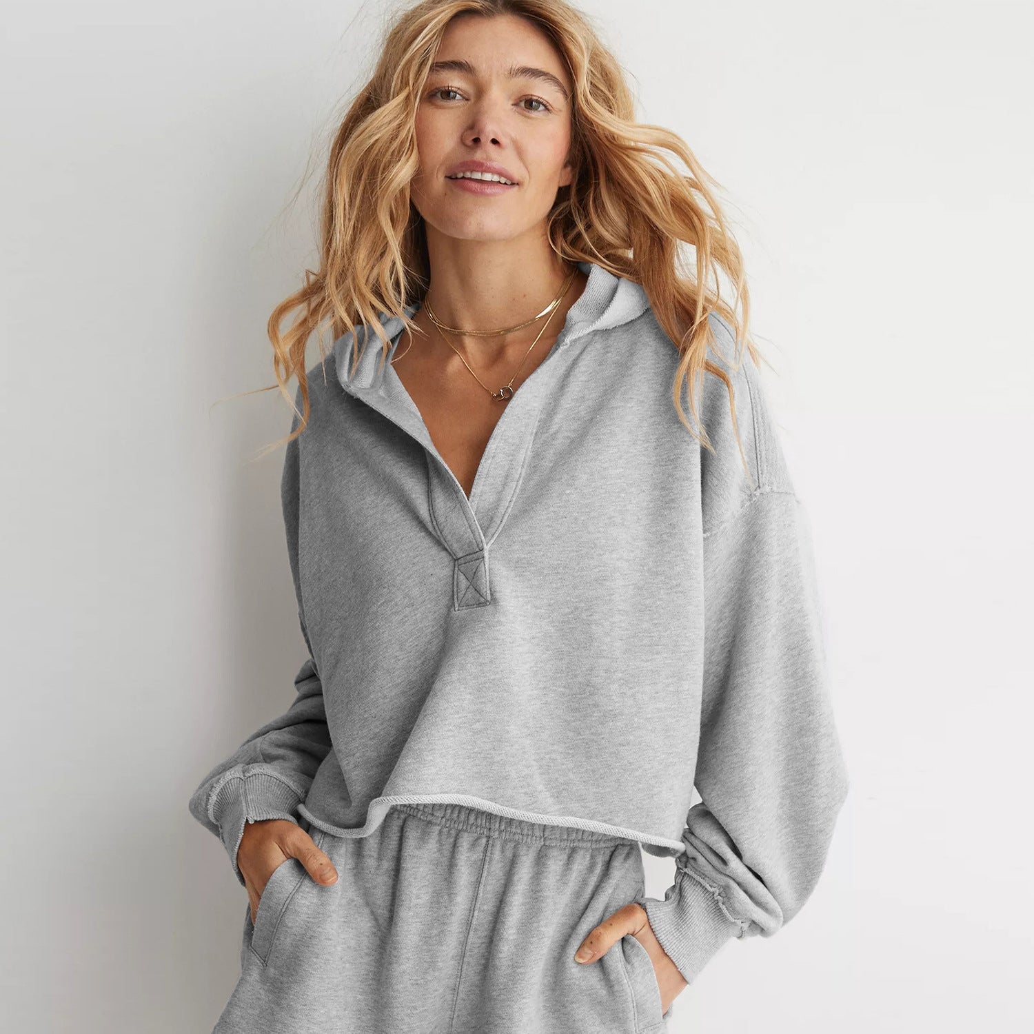 Loose Brand Hooded Sweatshirt Women Spring Autumn Women Clothing V neck Top Pullover Long Sleeved Shirt