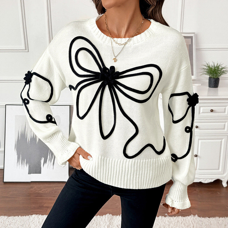 Autumn Winter Cute Sweet Loose Bow Decorative round Neck Sweater for Women