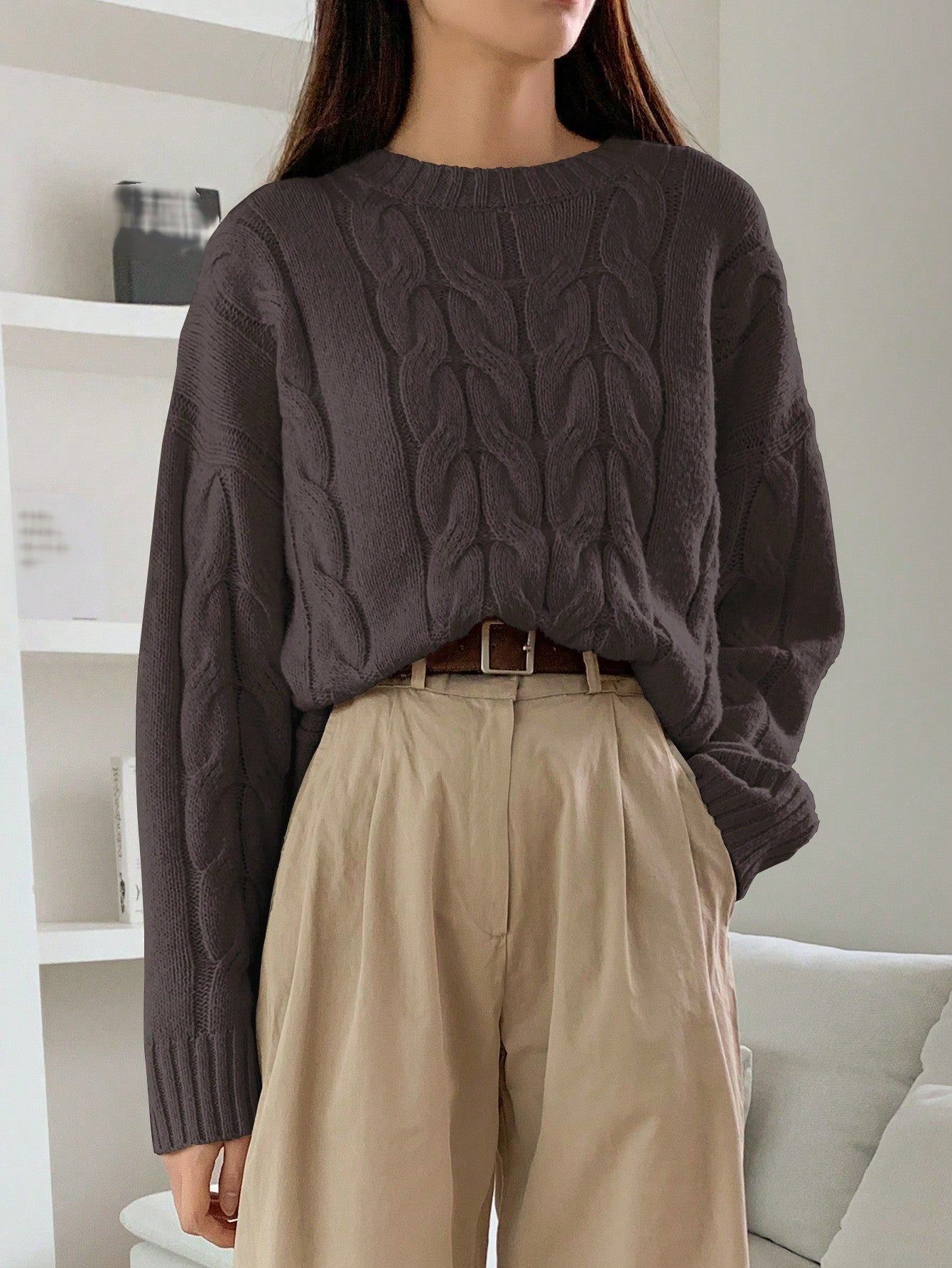 Autumn Winter Women Cable Knit Pullover Sweater Loose round Neck Solid Color All Matching Trendy Knitwear Top
