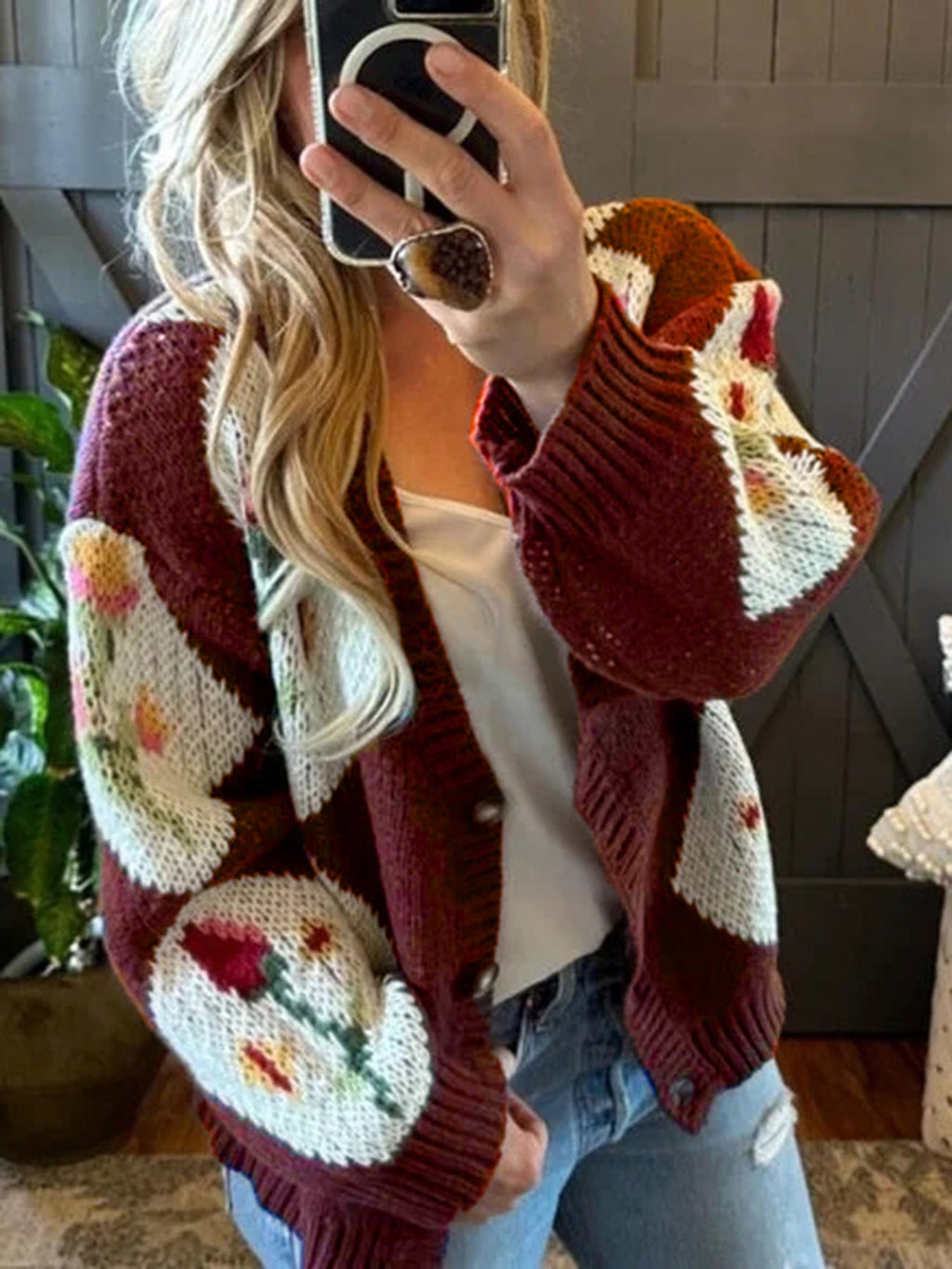 Contrast Color Floral Jacquard Single Breasted Women Autumn/Winter Casual Knitted Sweater Coat