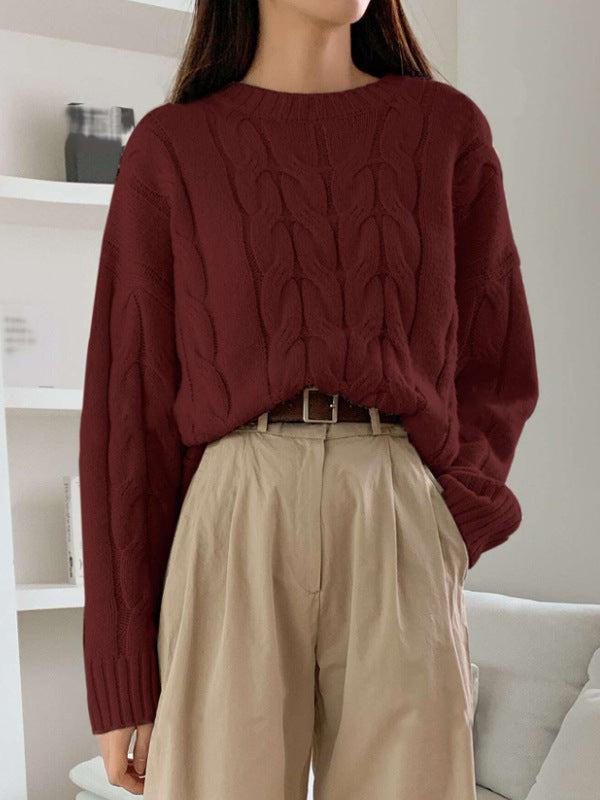 Autumn Winter Women Cable Knit Pullover Sweater Loose round Neck Solid Color All Matching Trendy Knitwear Top