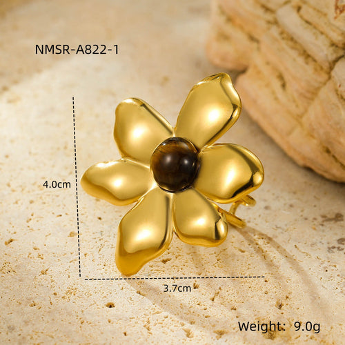 All Match Stainless Steel 18K Gold Plating Irregular Asymmetric Petals Colorful Natural Stone Titanium Steel Open End Ring for Women