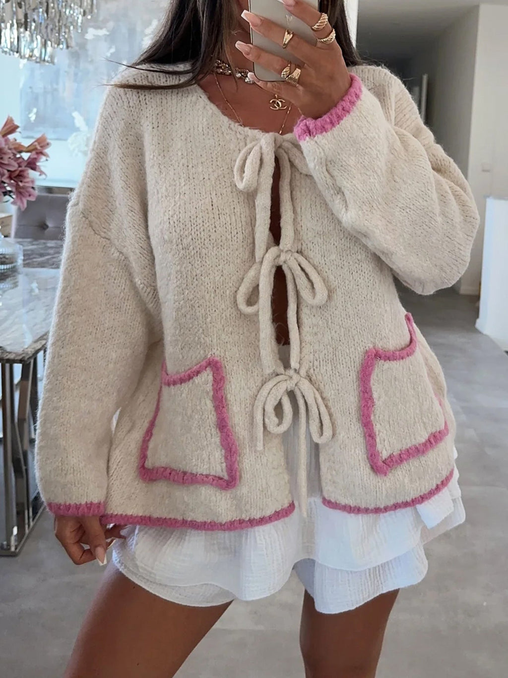 Contrast Color Bow Lace up Autumn Winter Sweater Casual Loose Long Sleeve Pocket Knitwear Top