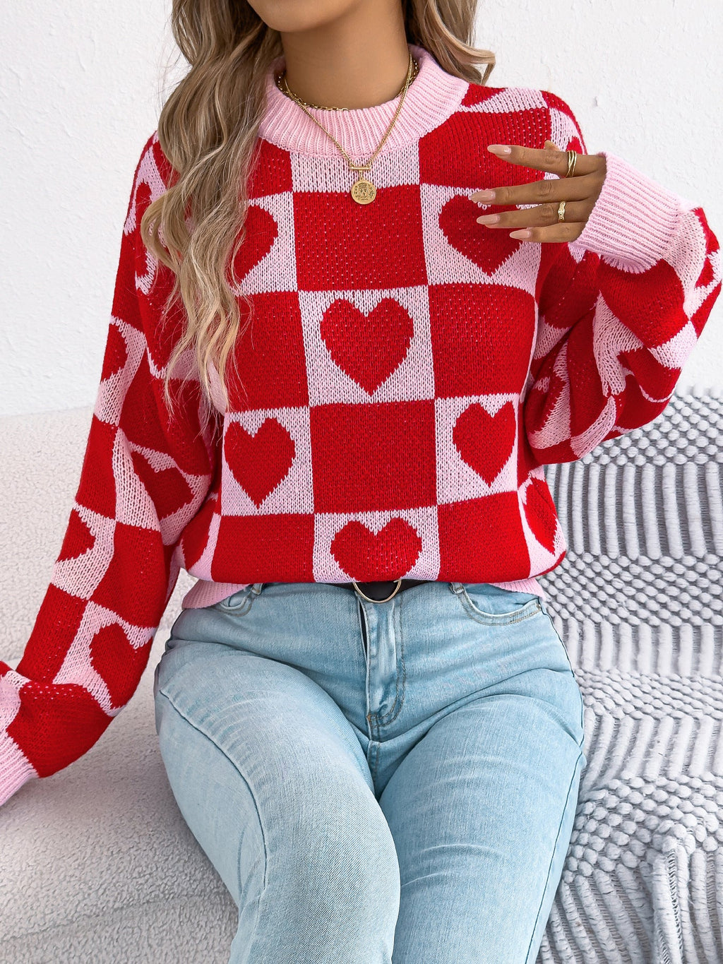 Real Shot Autumn Winter Love Plaid Lantern Long Sleeve Pullover Women Clothing Valentine Day