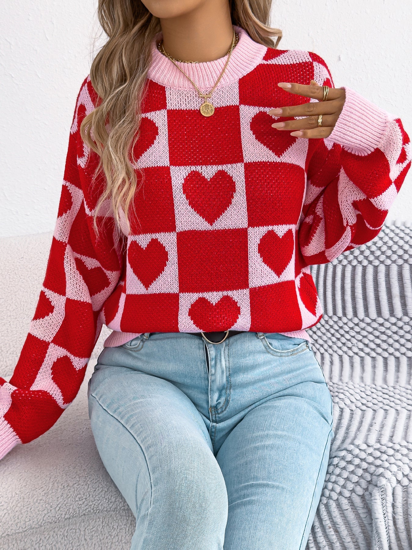 Real Shot Autumn Winter Love Plaid Lantern Long Sleeve Pullover Women Clothing Valentine Day