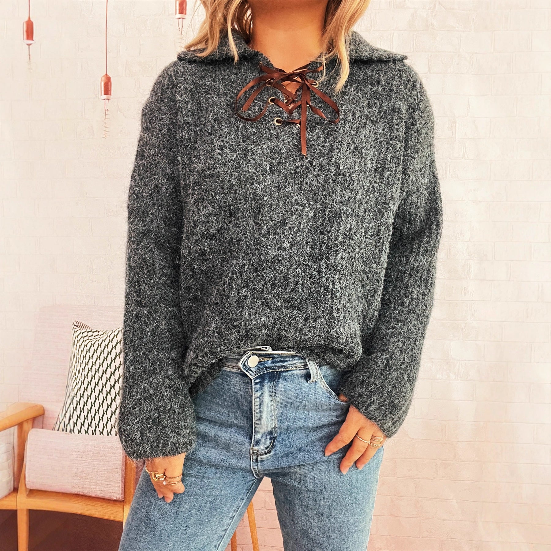 Autumn Winter Simple Office Collared Tied Knitted Pullover Solid Color Loose Sweater