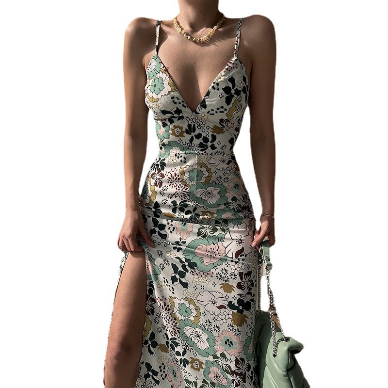 Women's Printed Backless Slit Sling Dress