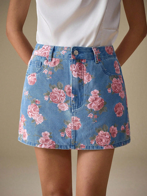 All Match Casual Floral Rose Printing Denim Skirt