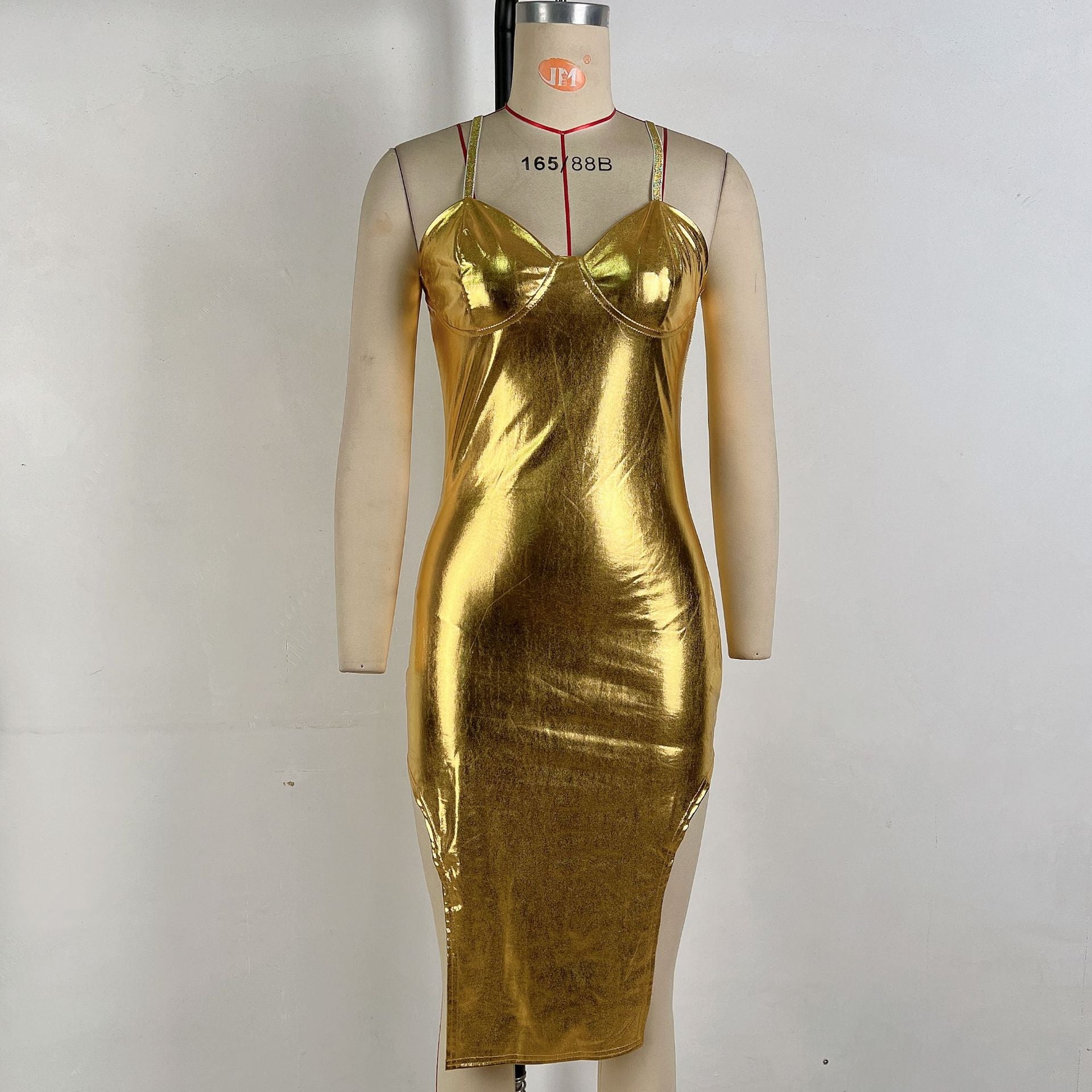 Women Clothing Autumn Bronzing Color Tube Top Sexy Waist Tight Hip Bag Irregular Asymmetric Spaghetti Strap Dress Women