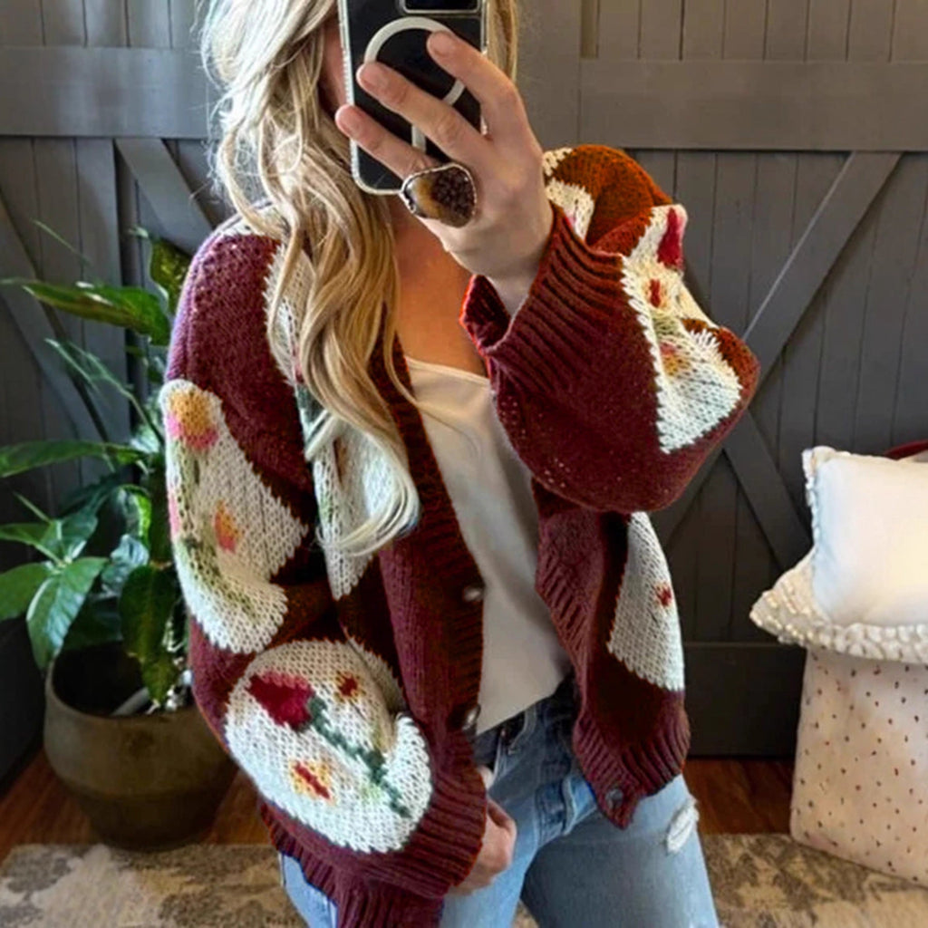 Contrast Color Floral Jacquard Single Breasted Women Autumn/Winter Casual Knitted Sweater Coat