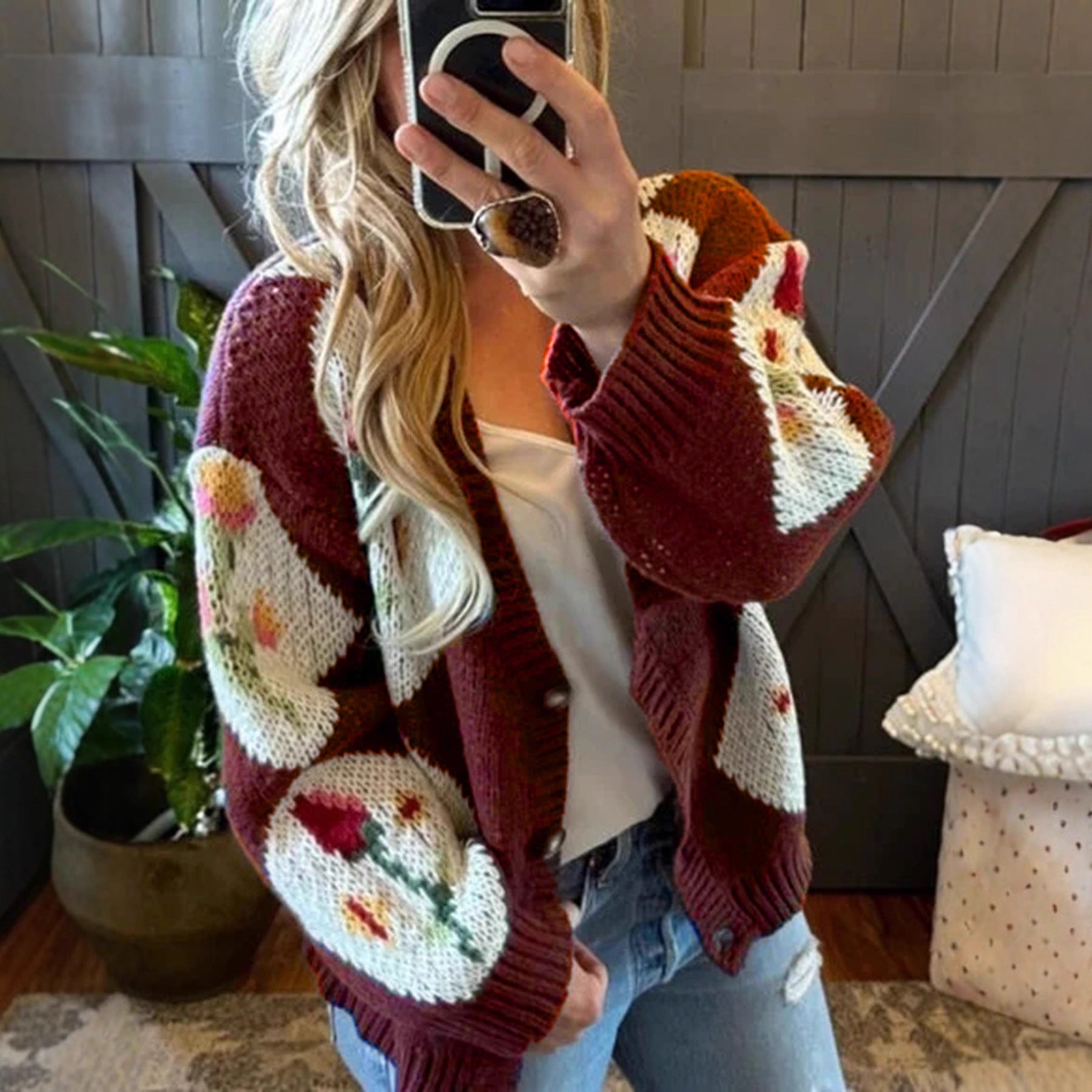 Contrast Color Floral Jacquard Single Breasted Women Autumn/Winter Casual Knitted Sweater Coat