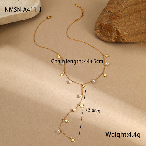 Advanced Tassel Imitation Pearl Y Word Chain Necklace Stainless Steel Plated 18K Necklace