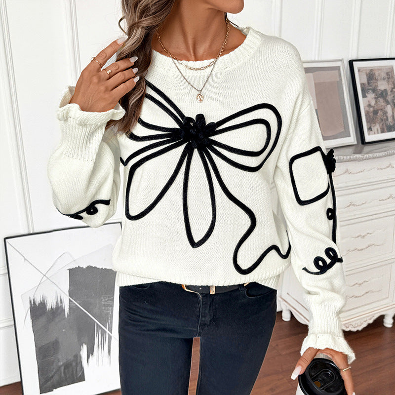 Autumn Winter Cute Sweet Loose Bow Decorative round Neck Sweater for Women