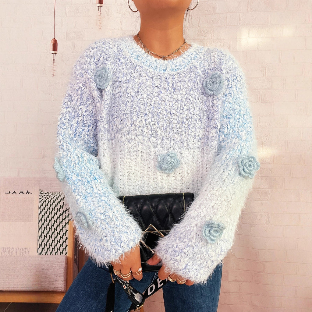 Autumn Winter Gradient Color Three Dimensional Cute Floral Pink round Neck Long Sleeve Knitted Pullover Sweater