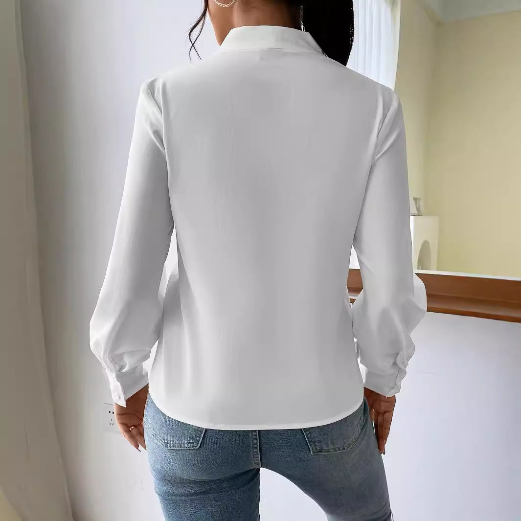 Spring Autumn Winter Long Sleeve Shirt Design V neck Solid Color Loose Top Autumn Shirt