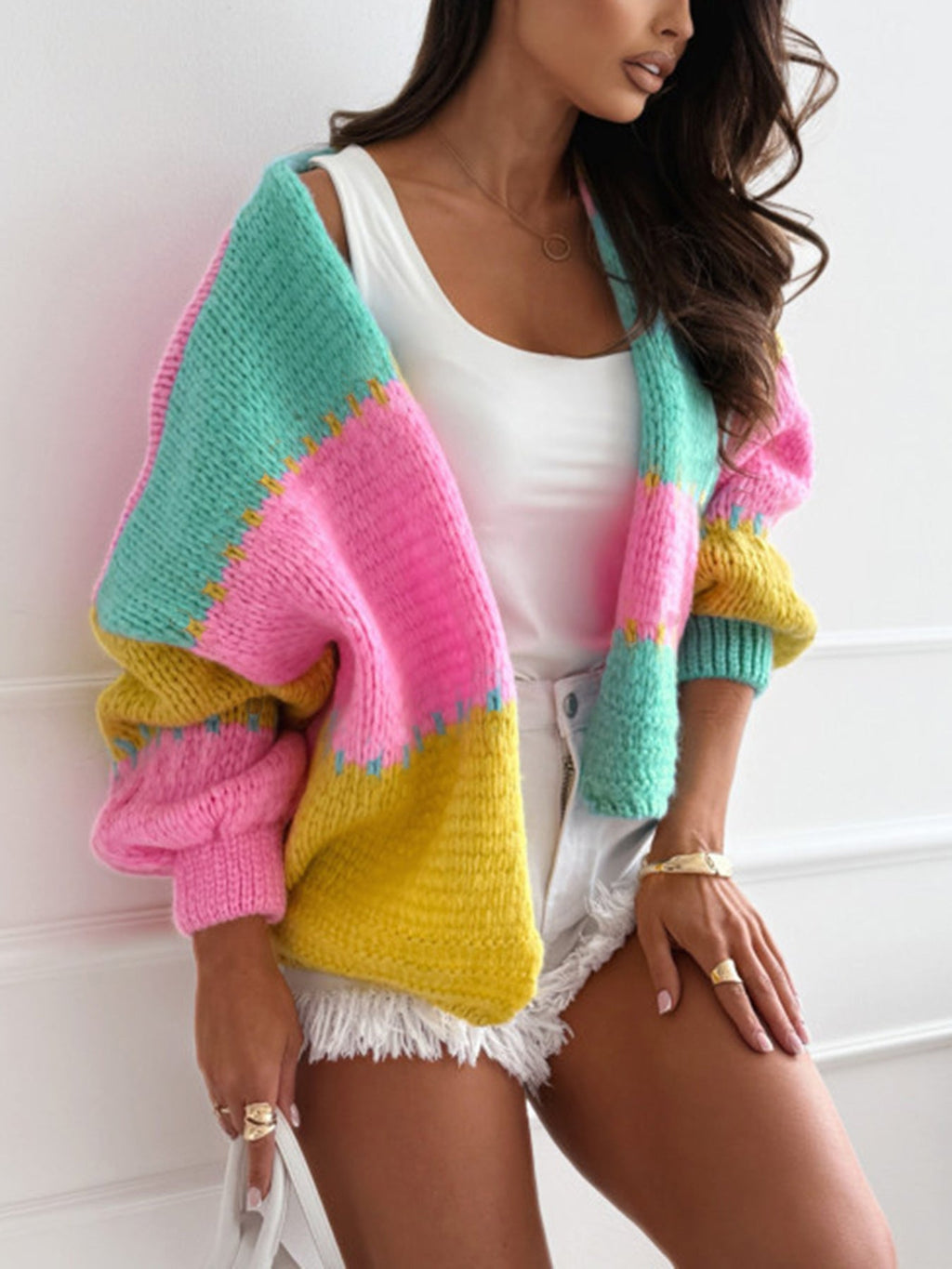 Color Contrast Patchwork Sweater Cardigan Women Autumn Winter Lazy Wind Loose Sweater Coat