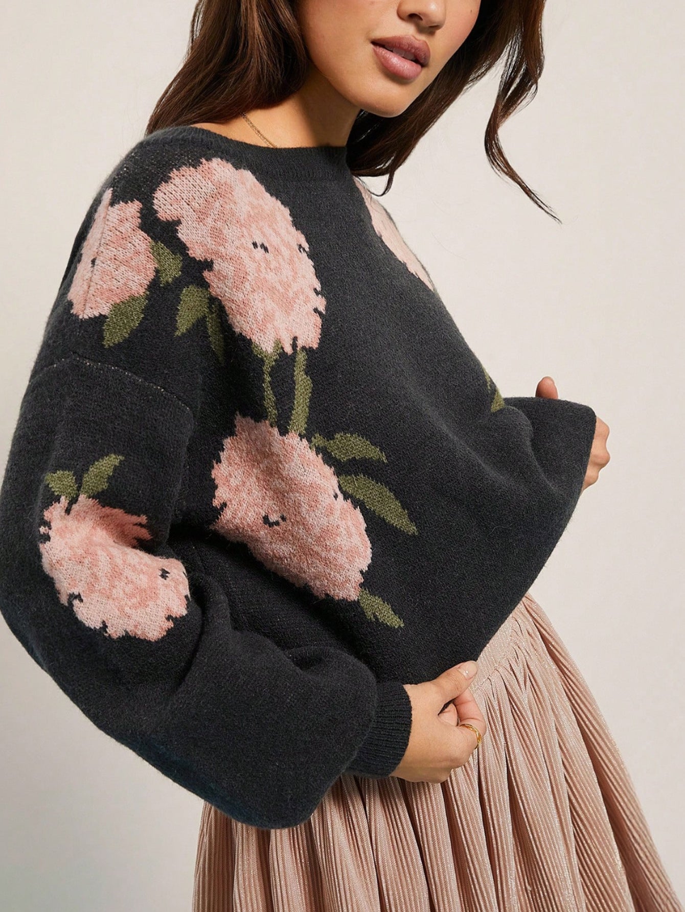 Autumn Winter Sweater Idle Simple Plant Floral round Neck Loose Knitwear