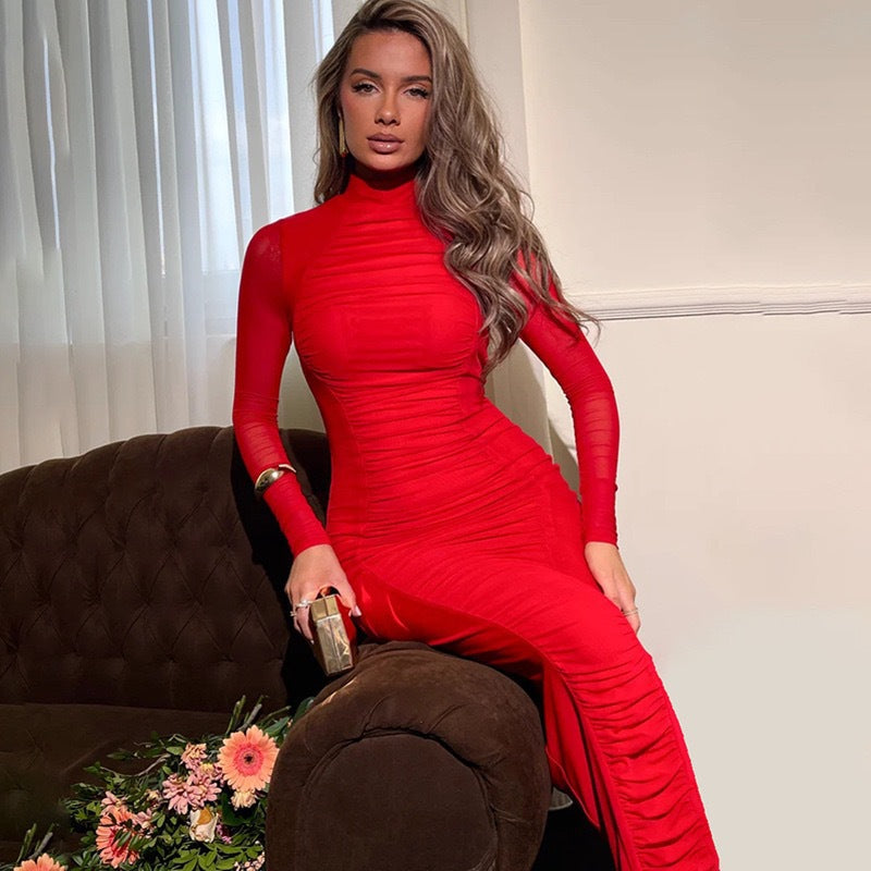 Autumn Elegant Socialite Private Clothes Pleated Turtleneck Long Sleeve Waist Tight Hip Slim Fit Dress
