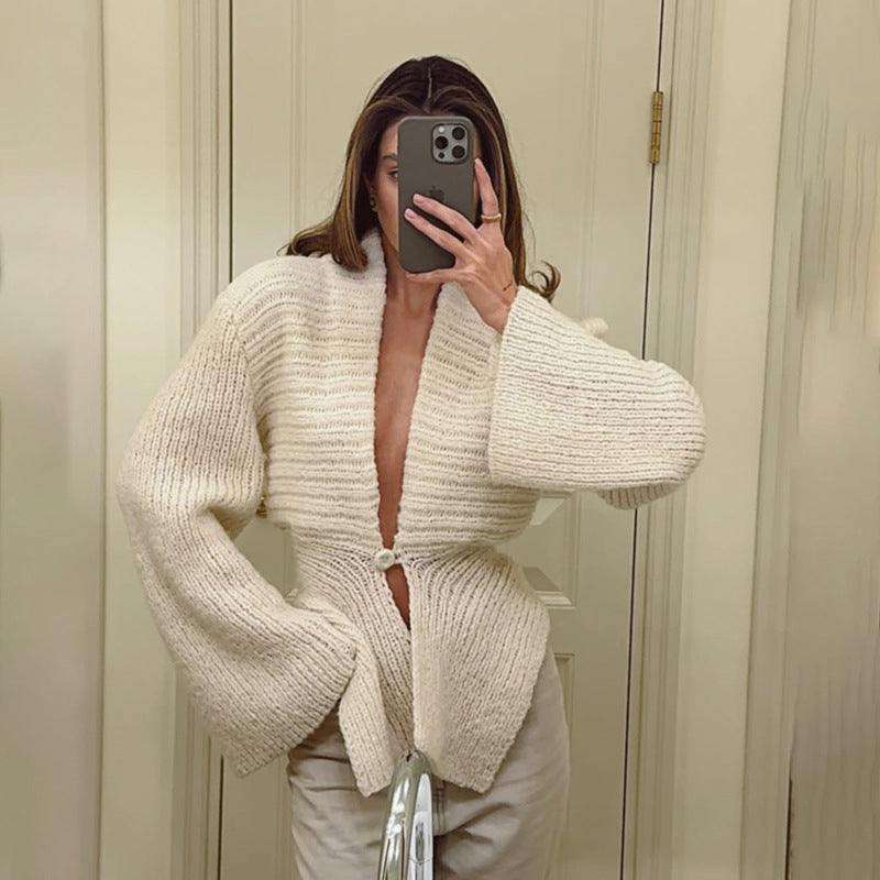 Autumn Winter Women Clothing Deep V Plunge neck Sexy Hollow Out Cutout Loose Sweater Cardigan Coat