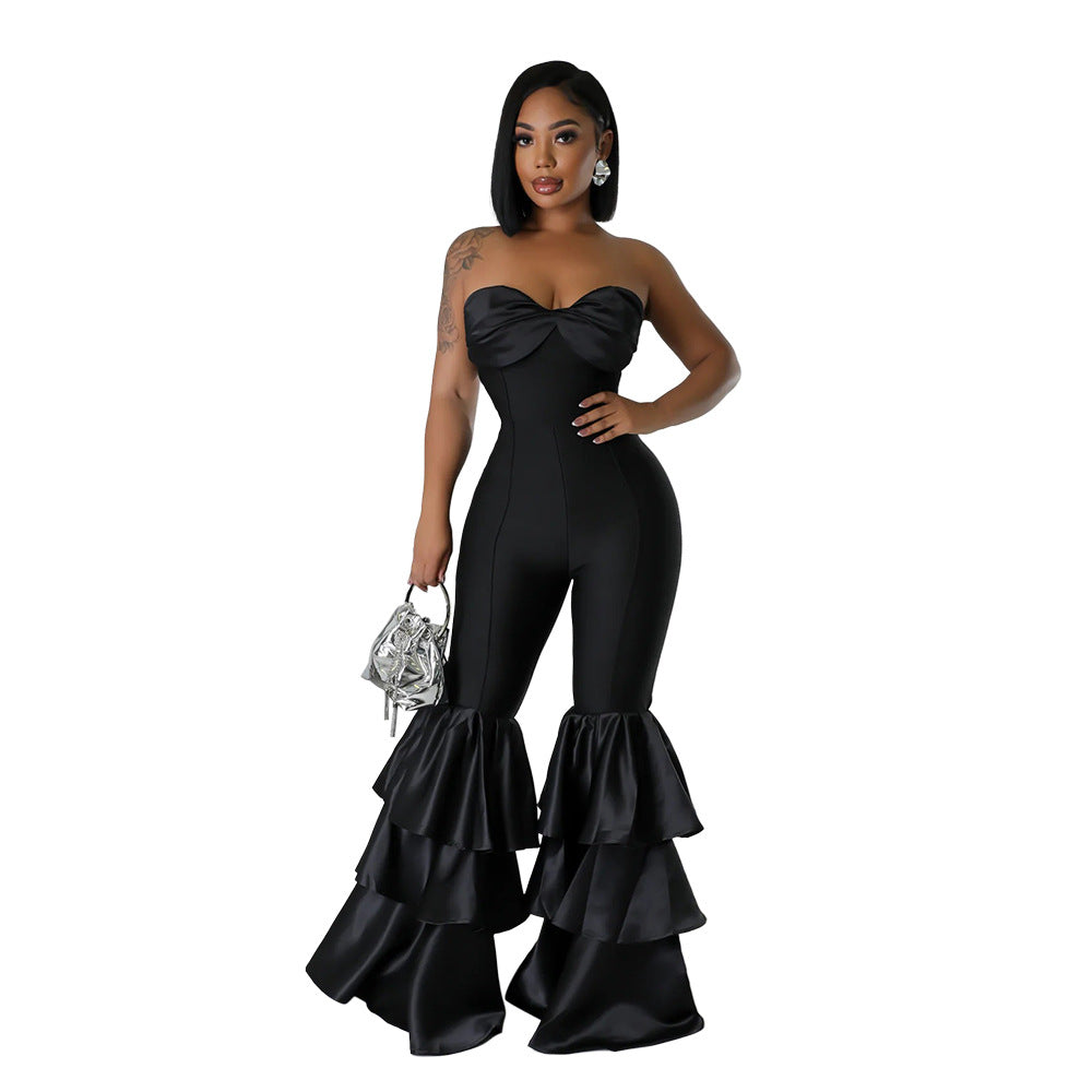 Sexy Tube Top Solid Color Pleated Lace Jumpsuit for Women