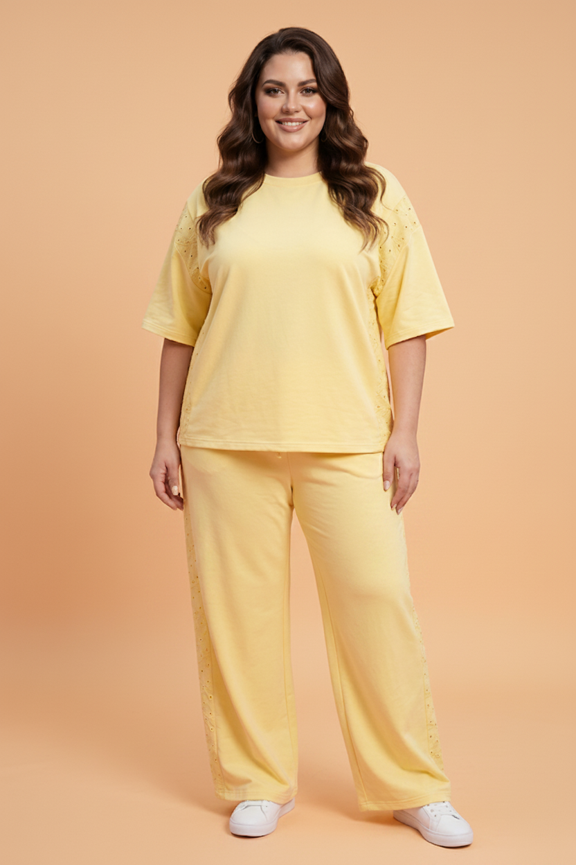 Plus Size Eyelet Embroidered Patchwork Top & Pants Set