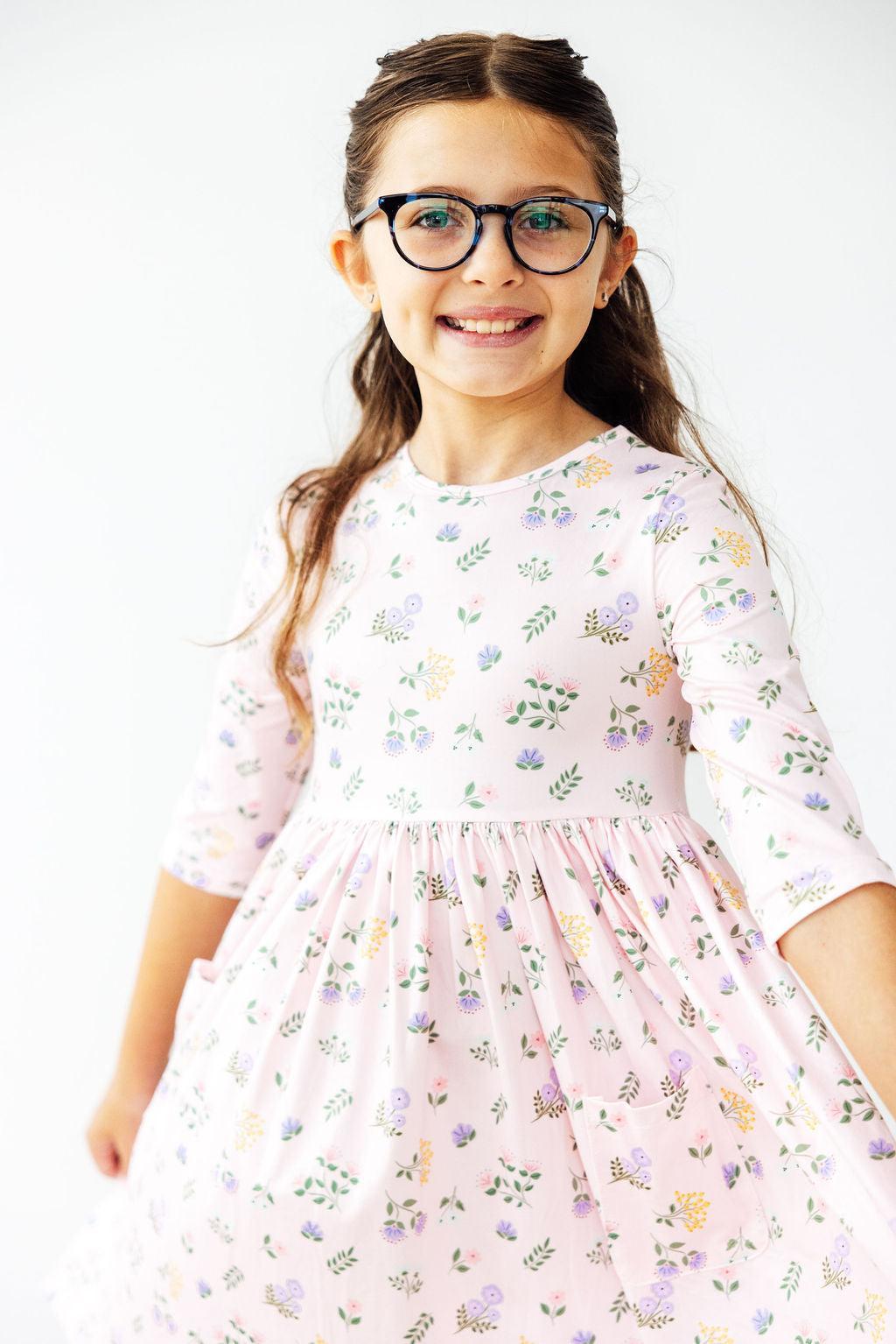Pastel Petals 3/4 Sleeve Pocket Twirl Dress