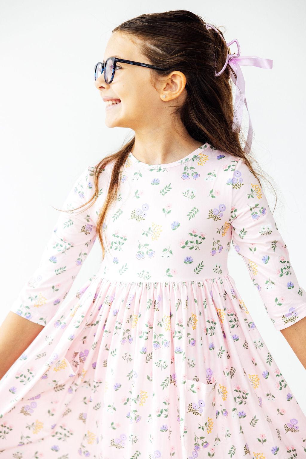 Pastel Petals 3/4 Sleeve Pocket Twirl Dress