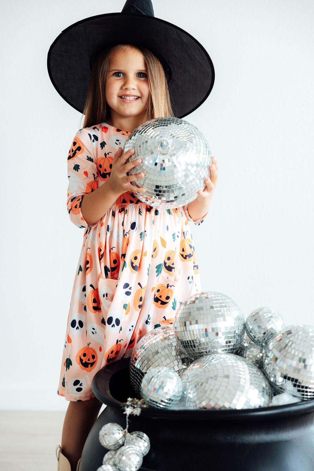 Pumpkin Peekaboo 3/4 Sleeve Pocket Twirl Dress