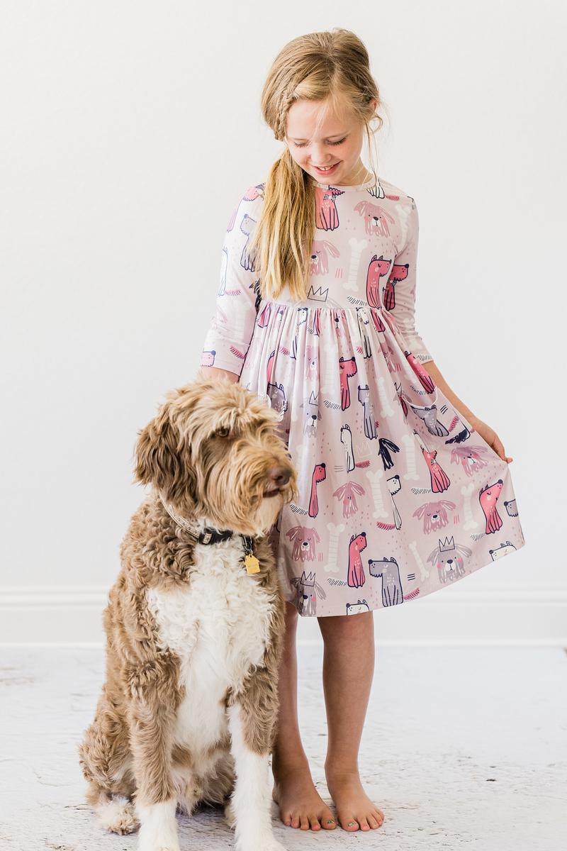 Puppy Party 3/4 Sleeve Pocket Twirl Dress