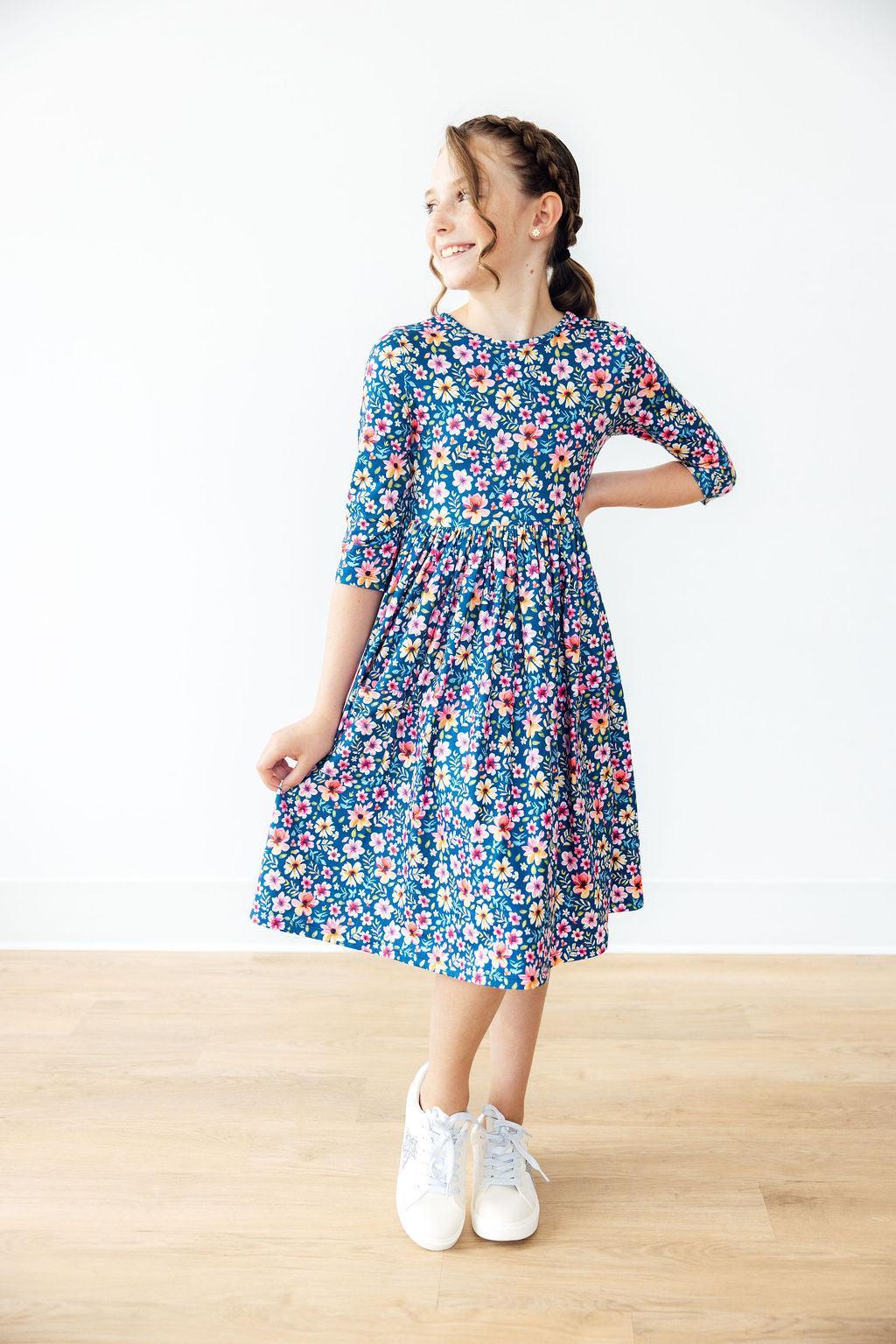 Rainforest Blooms 3/4 Sleeve Pocket Twirl Dress