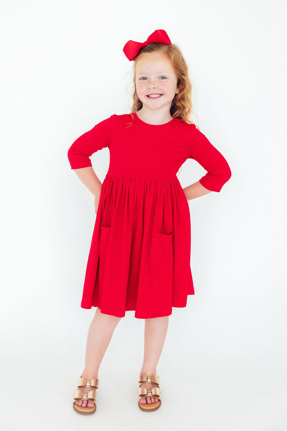 Red 3/4 Sleeve Pocket Twirl Dress