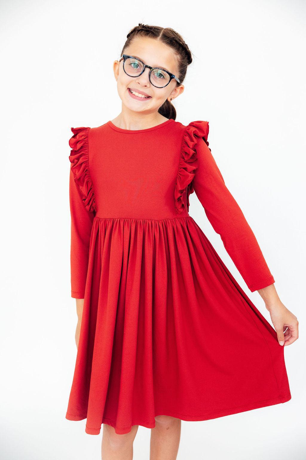 Red L/S Ruffle Twirl Dress