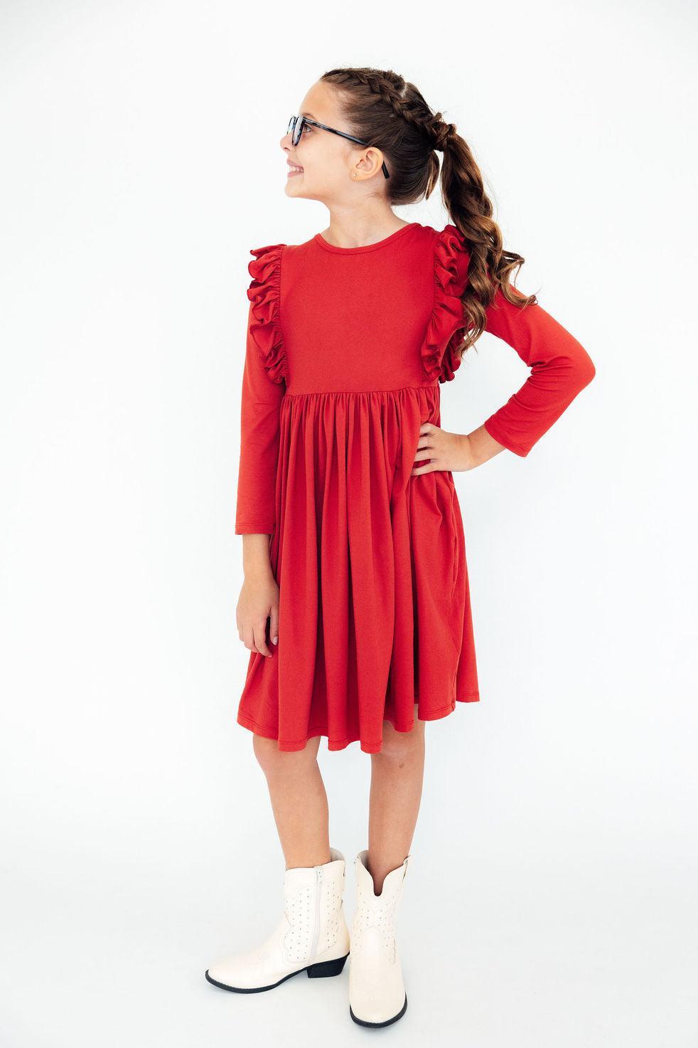 Red L/S Ruffle Twirl Dress