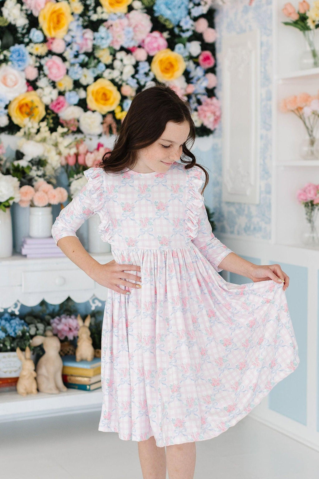 Ribbons & Roses 3/4 Sleeve Ruffle Twirl Dress