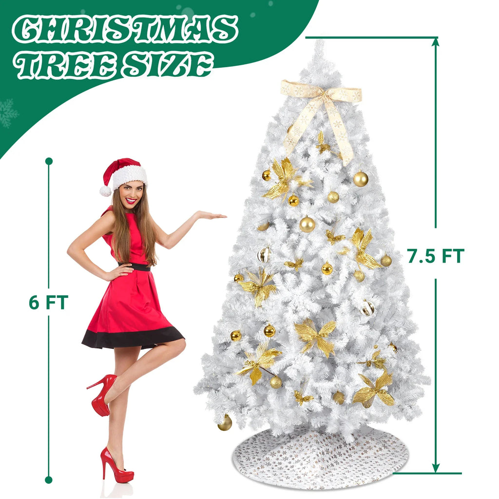 7.5FT White Pre‑lit Artificial Christmas Tree, Hinged Xmas Tree with 400 Warm White LED Lights Remote Control, 1600 Branch Tips with Tree Skirt Bow Gold Ornaments for Home Holiday Decor
