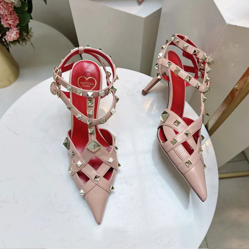 2026 Spring/Summer New High Heel Riveted Sandals Pointed Fine Heel Sandals Riveted Single Shoes
