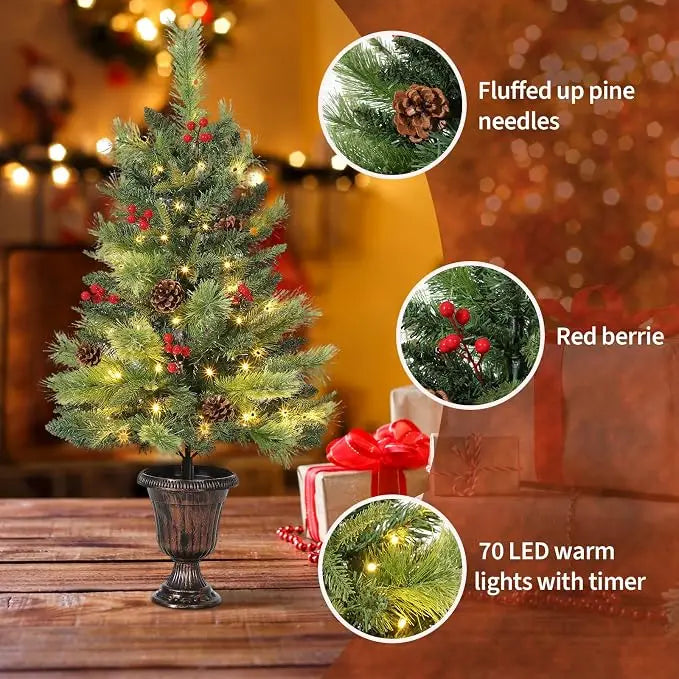 2- 3 Ft Artificial Mini Christmas Tree, Tabletop Christmas Tree with 70 LED Warm Lights, Mini Xmas Tree with Pine Cone for Tabletop, Home, Office, Holiday
