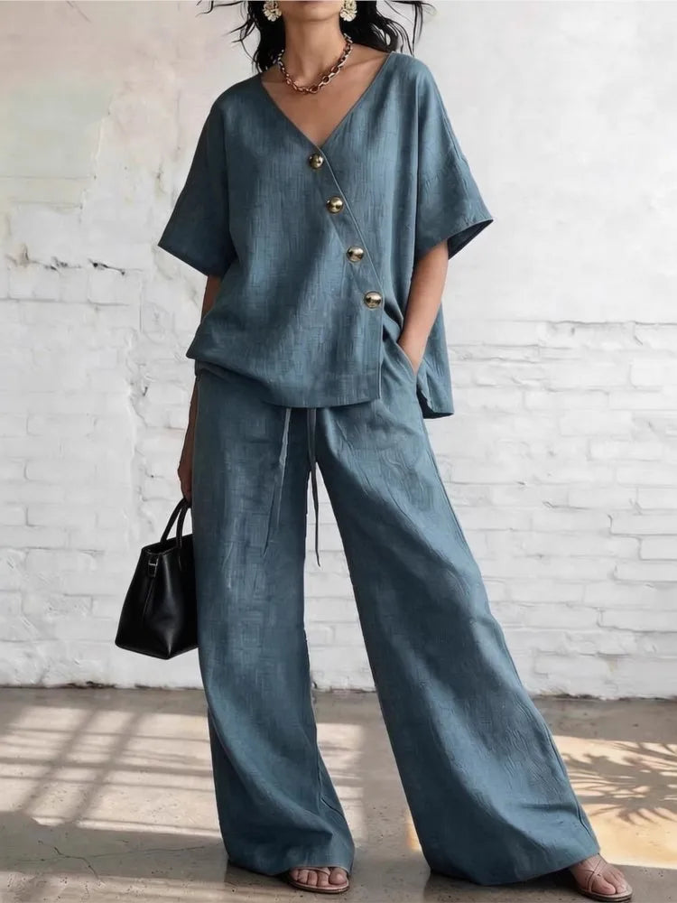 Casual Loose Pants Sets Women Summer Fashion Short Sleeve V-Neck Tops
