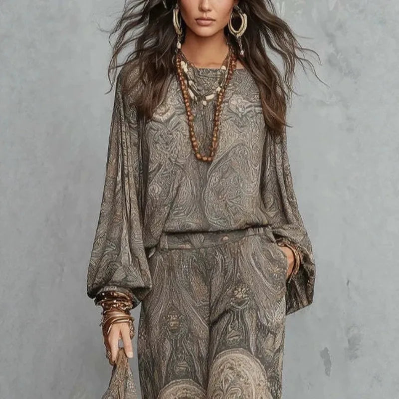 Boho Women 2‑piece Outfit Vintage Paisley Print Long‑sleeve Blouse